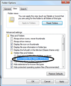 Windows 7 Folder Options, View Advanced Settings